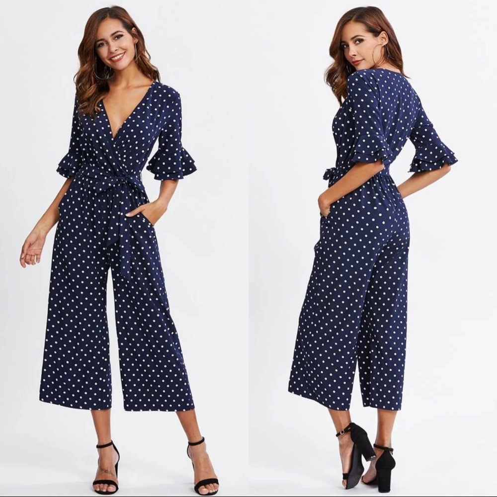 Tiered Trumpet Sleeve Surplice Wrap Jumpsuit XS